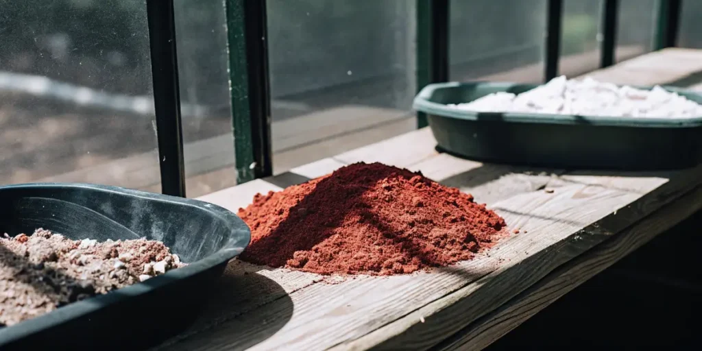 Three piles of dry amendments: dark brown, red, and white, on a wooden surface by a window.