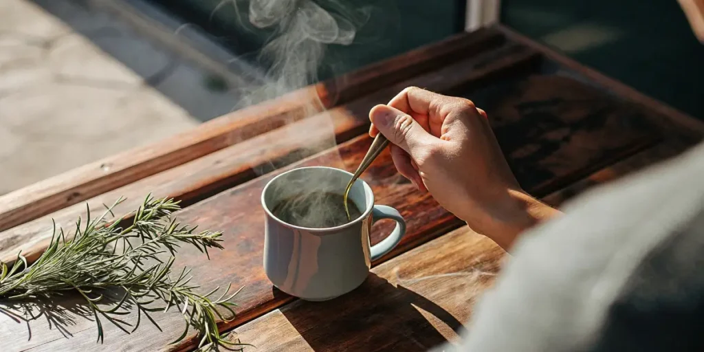 Hand stirring a steaming cup on a wooden table with green herbs beside it.