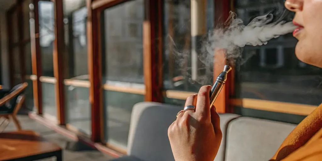 Close-up of a person exhaling vapor from a vape pen indoors, with blurred window view and seating.