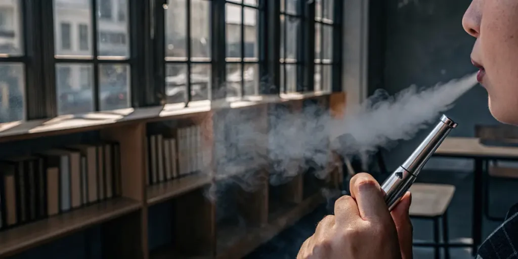 Close-up of a person exhaling vapor from a vape pen in a room with bookshelves and windows.