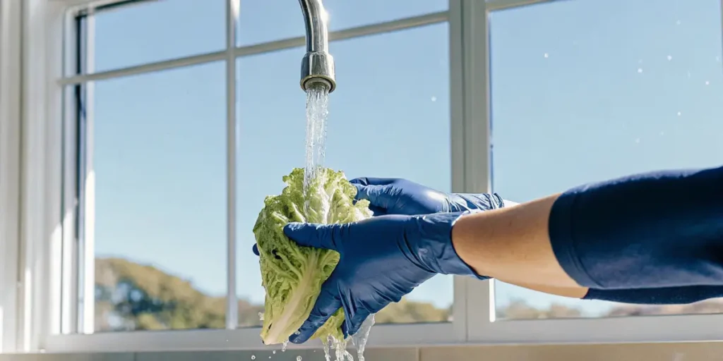 Hands in blue gloves washing fresh lettuce under running water at a kitchen sink with a window view.