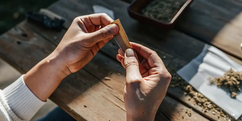close-up of hands rolling a cannabis joint on a wooden table outdoors