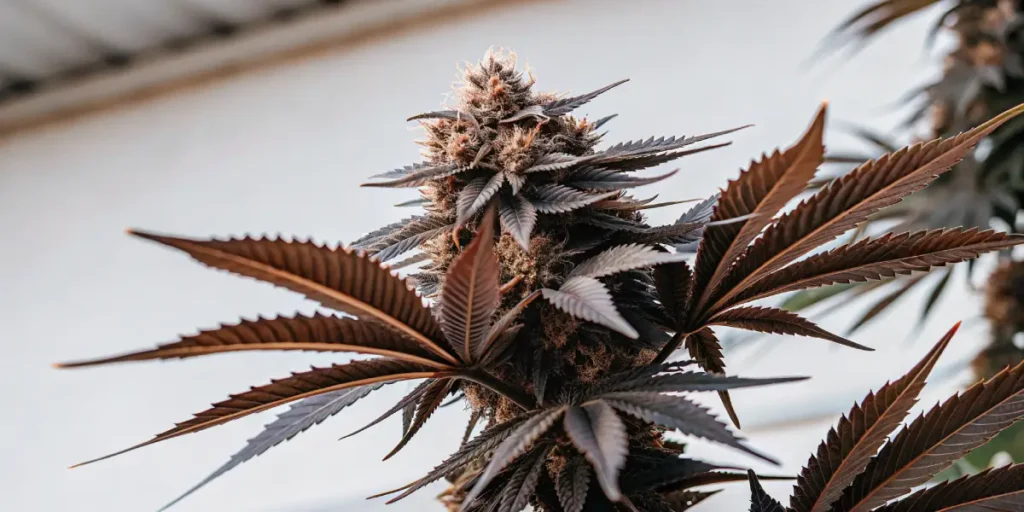 close-up of Auto Oh My Gushers cannabis bud with purple leaves