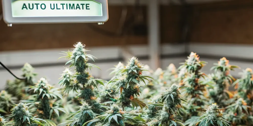 Indoor-grown Auto Ultimate cannabis plants with thick buds under artificial lighting.