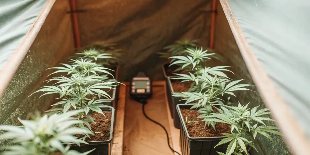 Auto Ultimate cannabis plants in early vegetative stage inside a grow tent with soil pots.