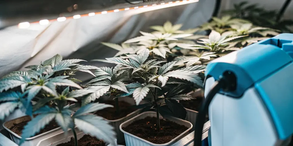 BCN Diesel cannabis plants in indoor grow room with humidifier and LED lights.