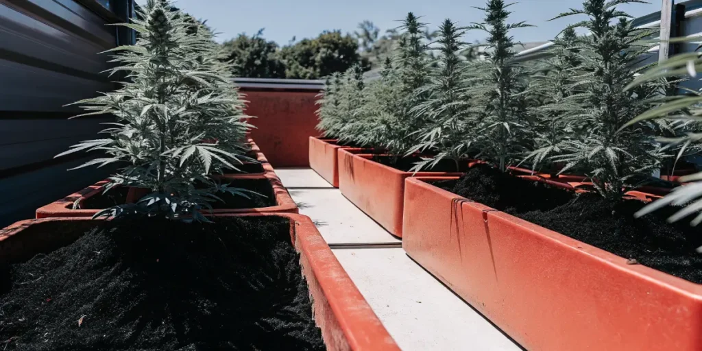 Blue Auto Mazar cannabis plants growing in red outdoor pots.