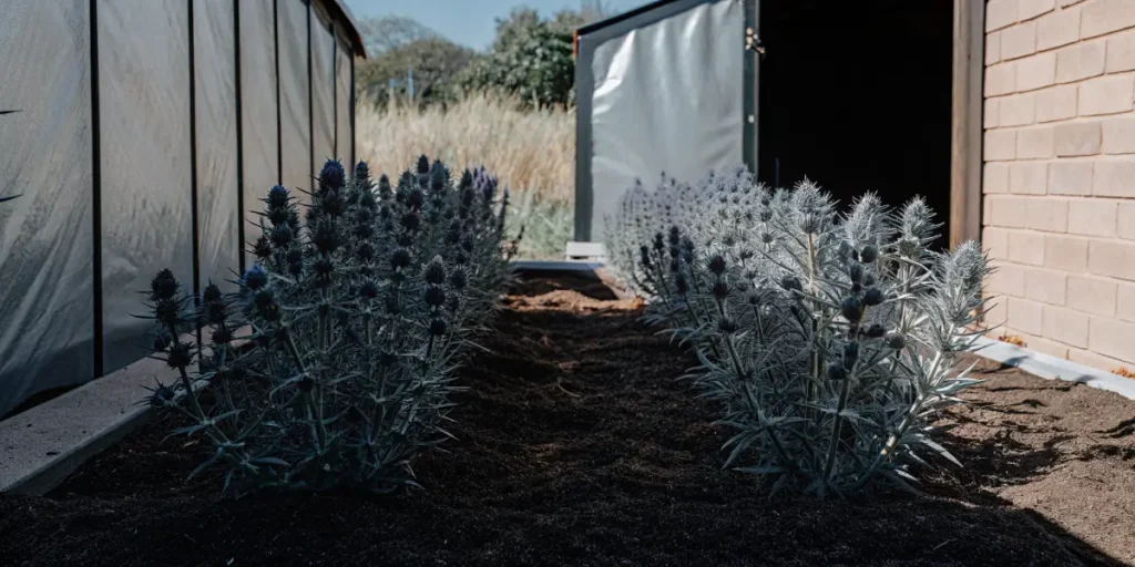 Outdoor row of Blue Auto Mazar cannabis plants growing near a greenhouse.