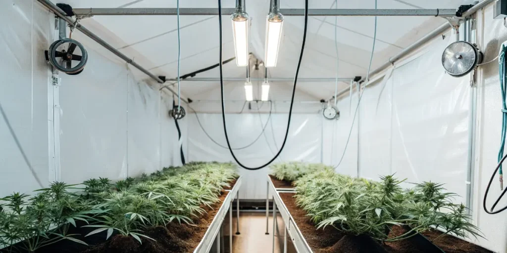 Cannabis grow room with lighting system and ventilation fans