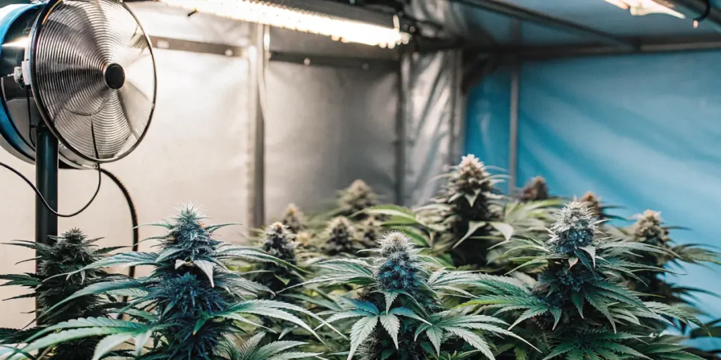 Cannabis plants growing in a tent with ventilation fans and LED lights