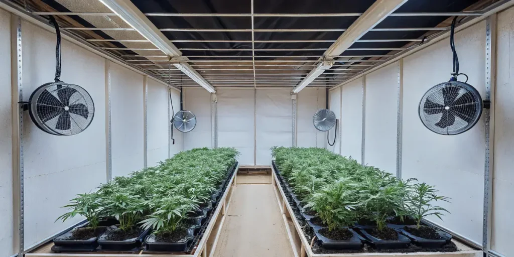 Cannabis grow tent with organized rows of plants, fans, and lighting system.