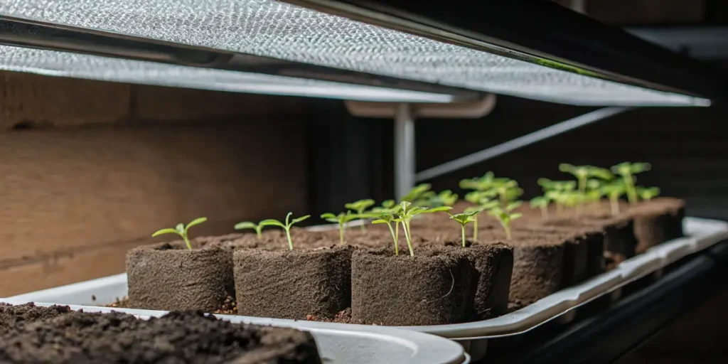 cannabis seedlings sprouting in soil blocks under LED grow lights