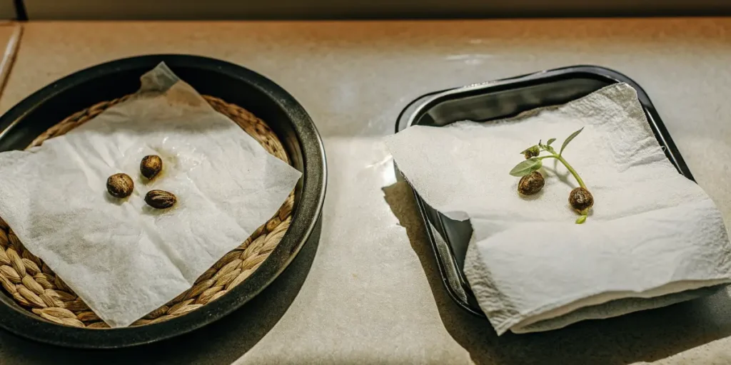 Cannabis seeds germinating using the paper towel method with sprouting root.