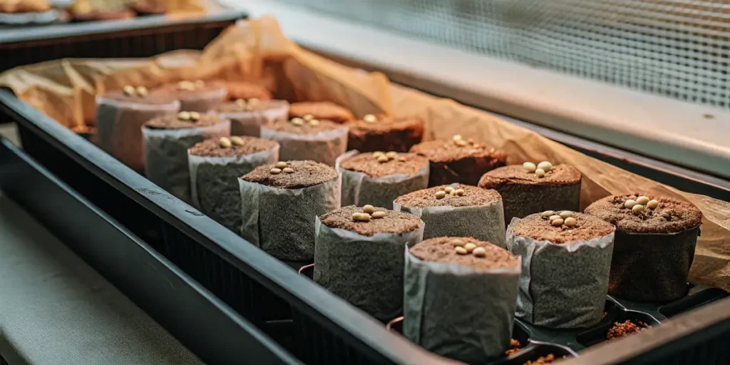 cannabis seeds germinating in peat pots under controlled indoor environment