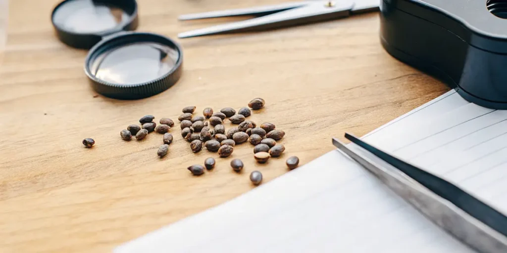 Cannabis seeds tested for quality control with magnifying tools on a wooden table.