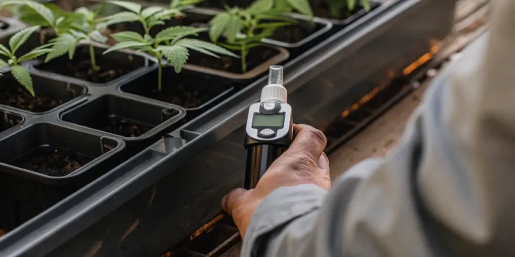 Hand measuring cannabis soil pH near seedlings in small pots.