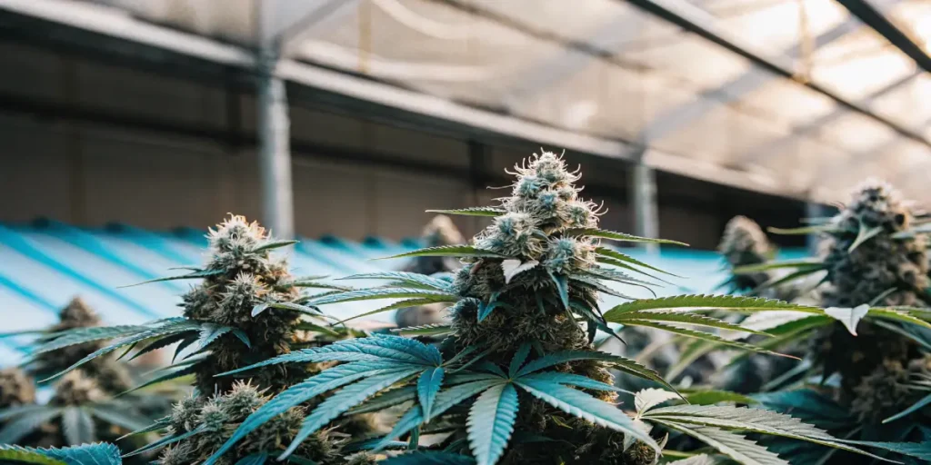 Close-up of CBD Auto Charlotte’s Angel cannabis bud in a greenhouse.
