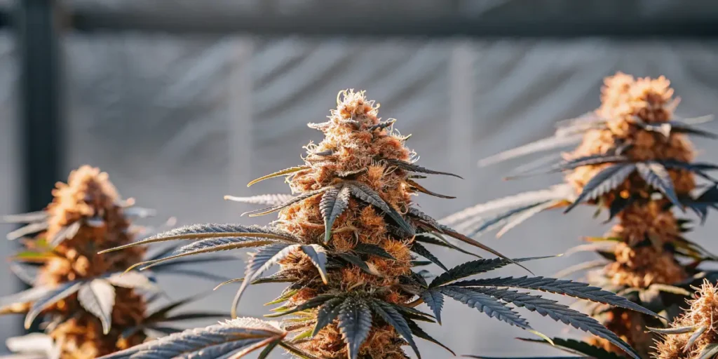 CBD Auto Charlotte’s Angel bud with orange pistils and frosty trichomes.