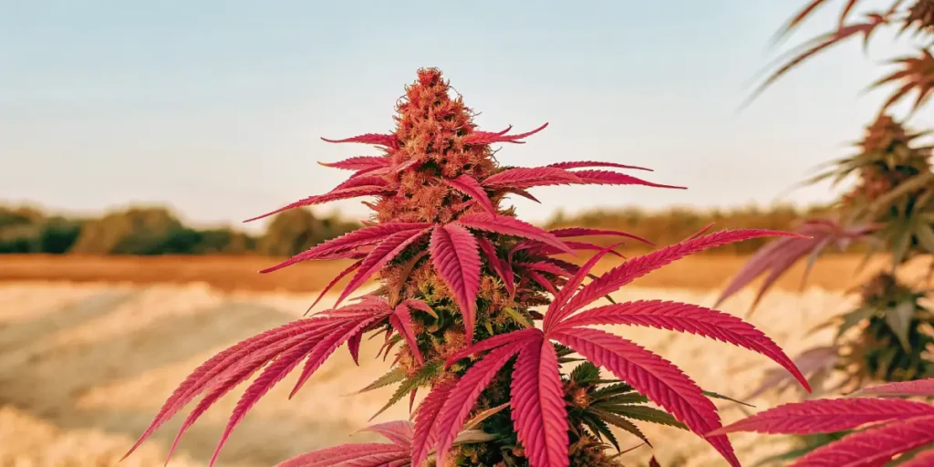 Pink cannabis buds with bright leaves in an open field.