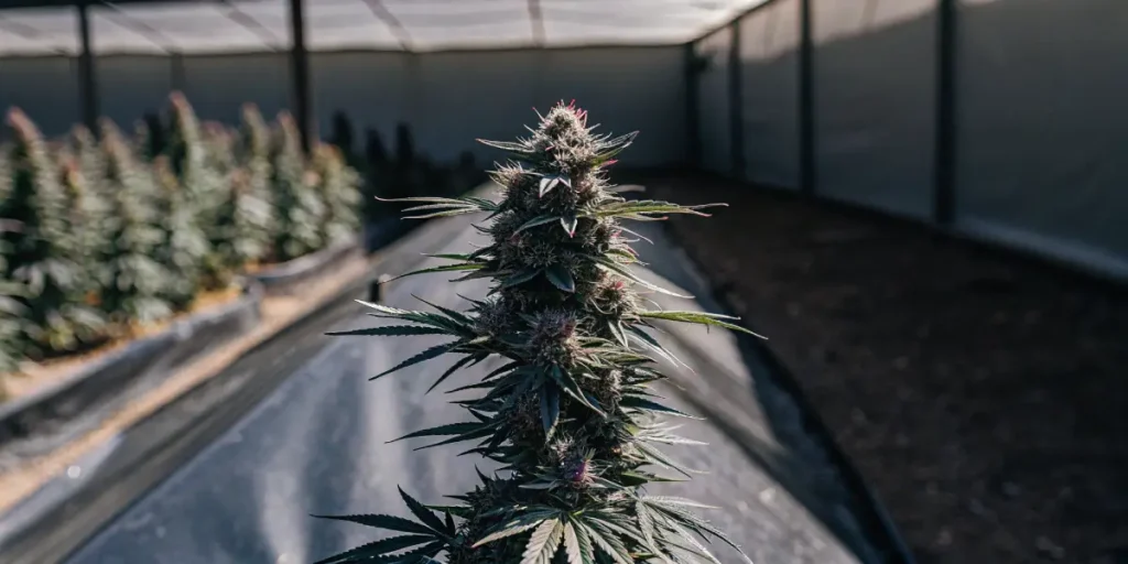 close-up of Frisian Dew cannabis bud in greenhouse cultivation
