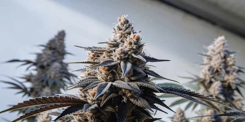Frosty cannabis bud close-up with purple-tinted sugar leaves