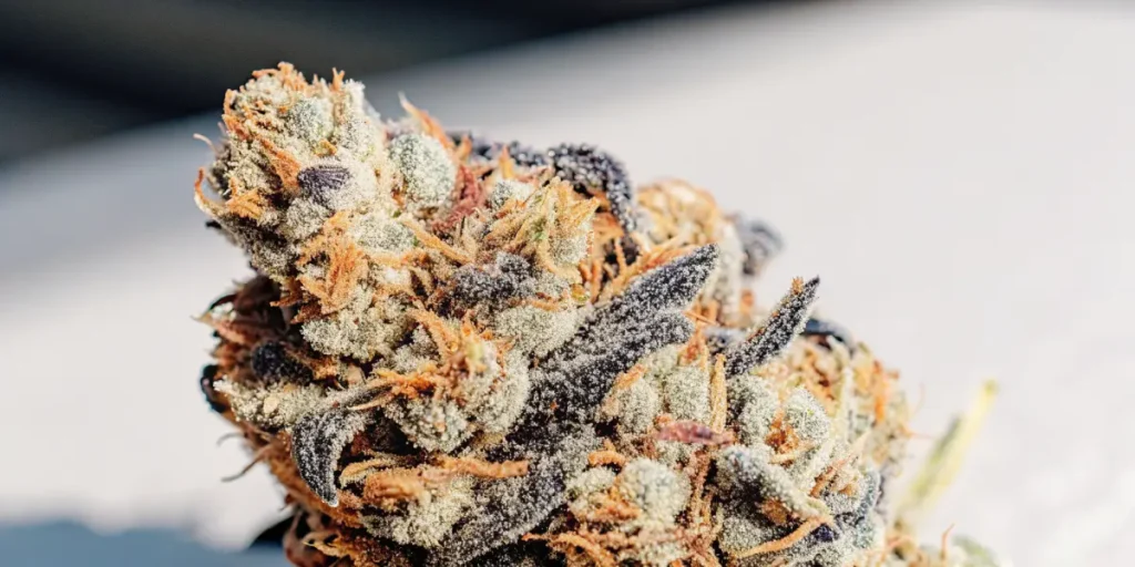 Detailed view of a frosty Meringue cannabis nug covered in sparkling trichomes.