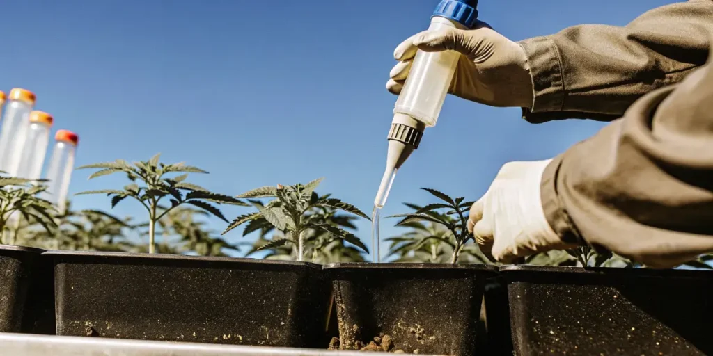 Gardener watering young cannabis plants in pots with precision equipment.