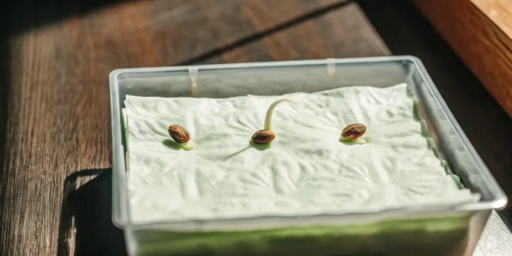 Germinated cannabis seeds in a plastic container on wet paper towel.