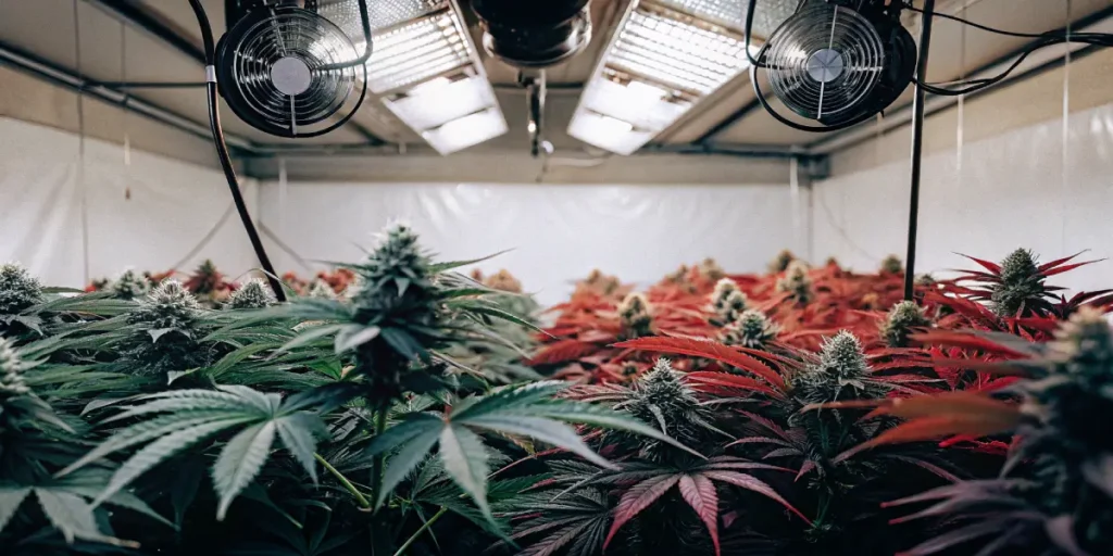 Indoor cannabis grow room with green and purple leaves under LED lights