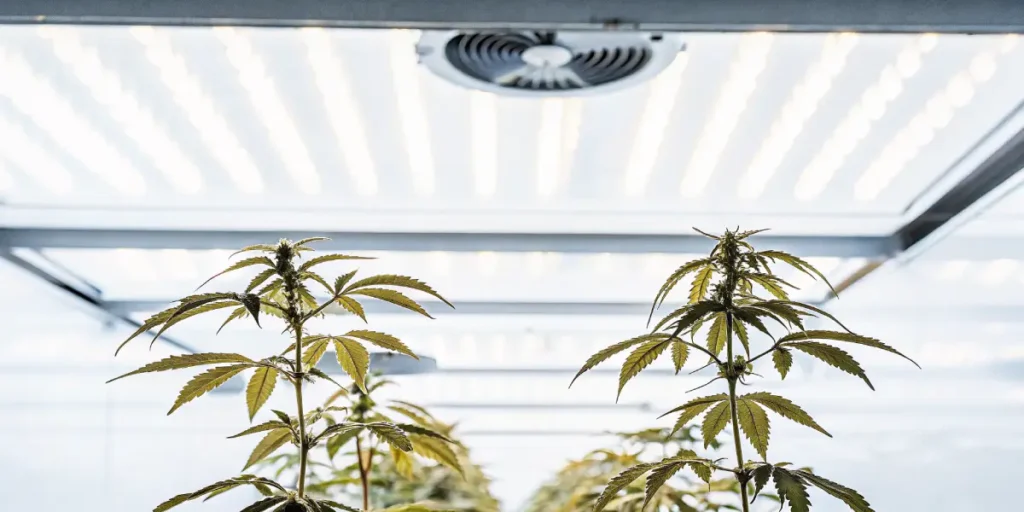 Indoor Frisian cannabis plants under LED grow lights with ceiling ventilation.