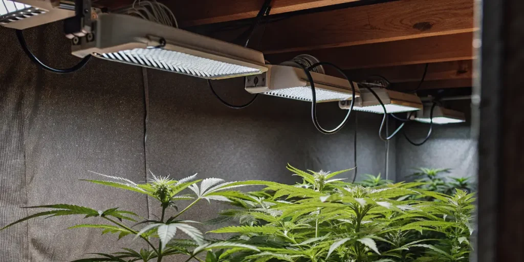 Indoor cannabis grow with LED lights illuminating healthy green plants