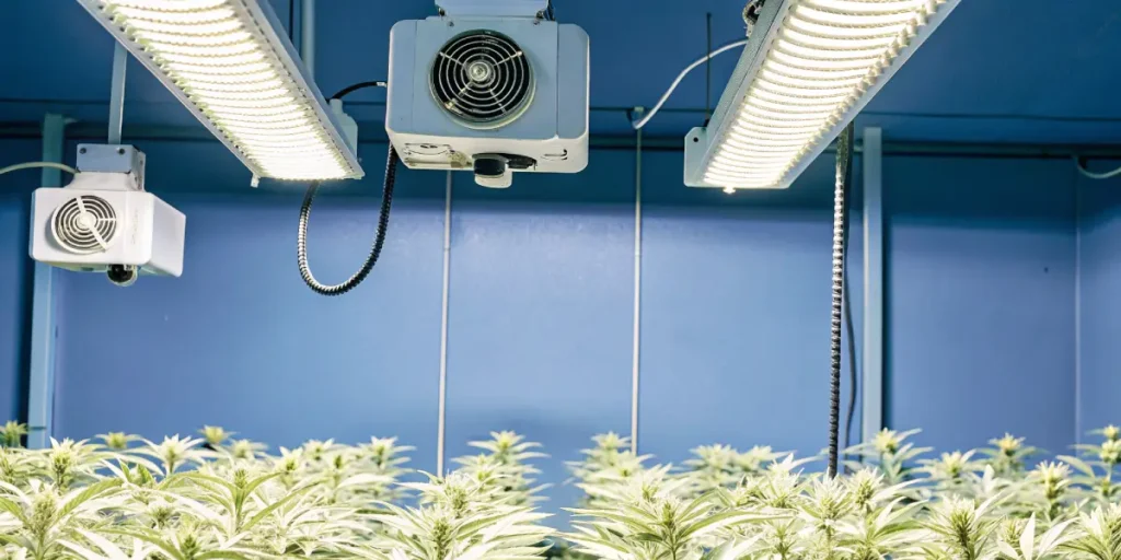 Indoor cannabis grow room with LED lights and ventilation system above plants