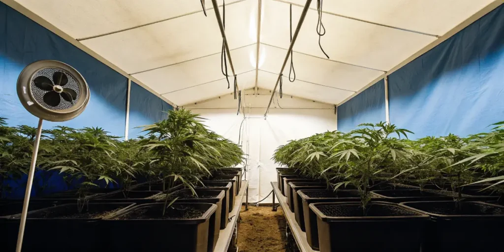 Indoor cannabis grow room with young plants in pots under controlled lighting.