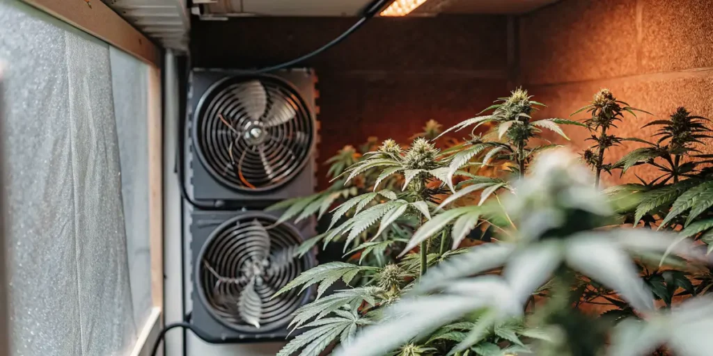Indoor grow room with Frisian cannabis plants and ventilation fans for climate control.