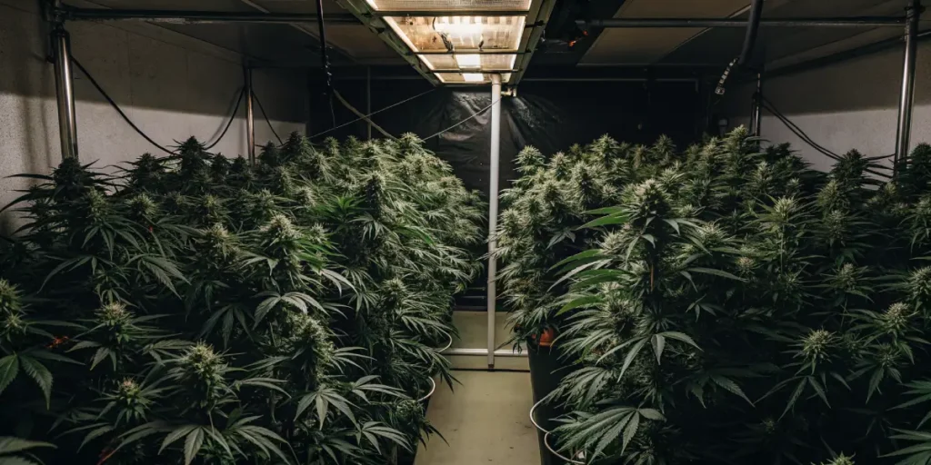 Indoor grow room with healthy Meringue cannabis plants under LED lights.