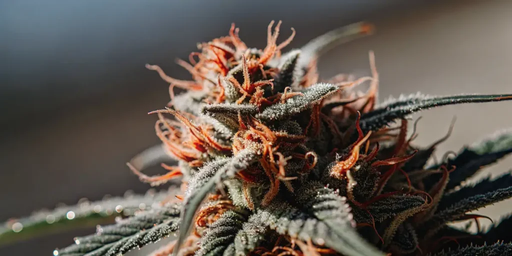 Macro close-up of cannabis bud with orange pistils and trichomes