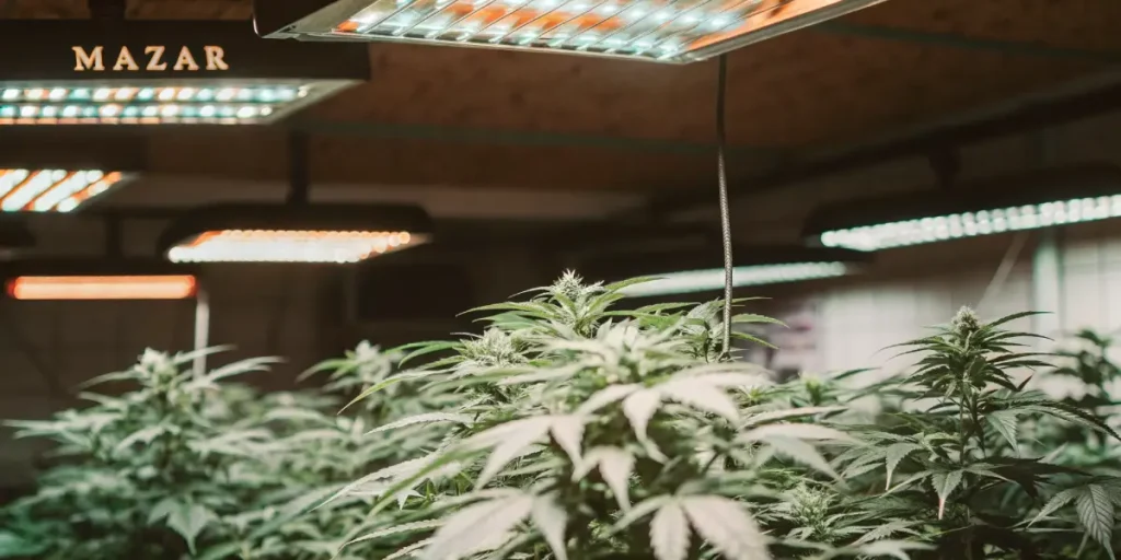 Mazar cannabis plants flourishing in a professional grow room with LED lighting.