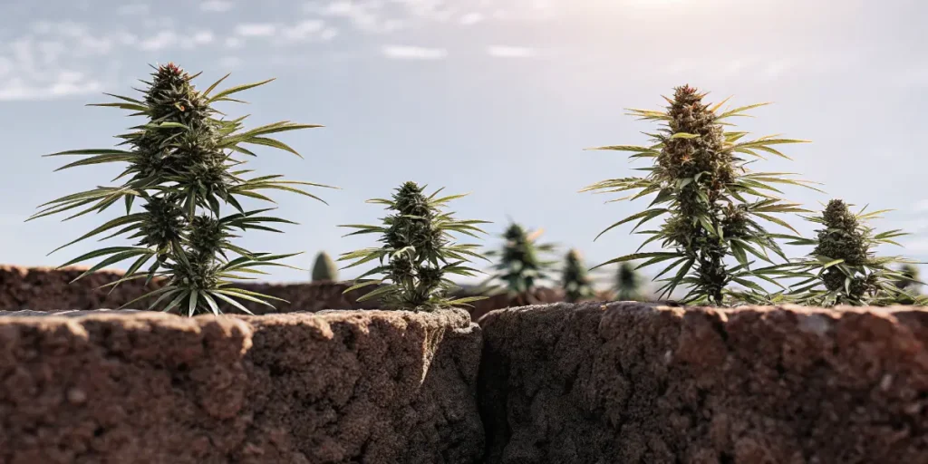 Outdoor Mazar cannabis plants cultivated in rocky soil under natural sunlight.