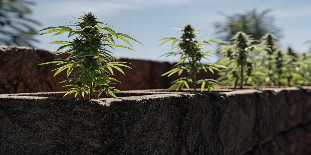 Outdoor Mazar cannabis plants in stone planters under the sun.