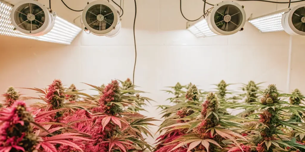 Flowering Meringue cannabis plants under pink and white LED grow lights indoors.