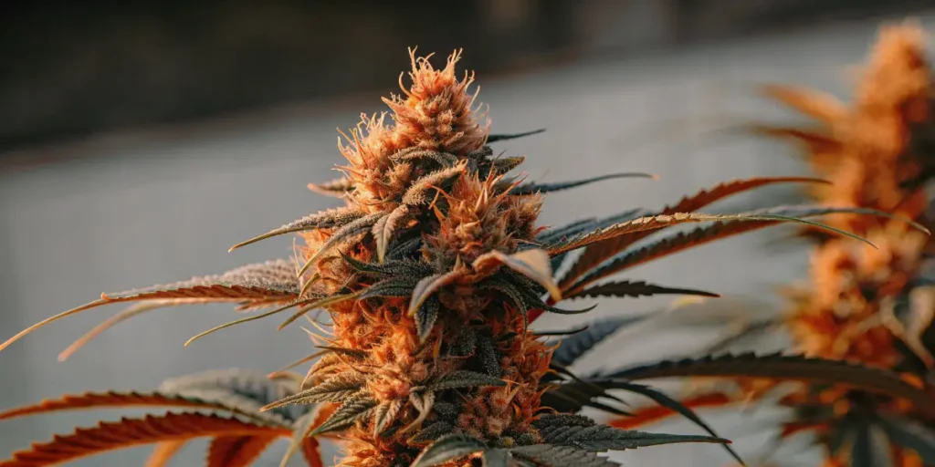 Orange cannabis bud close-up glowing under sunset light