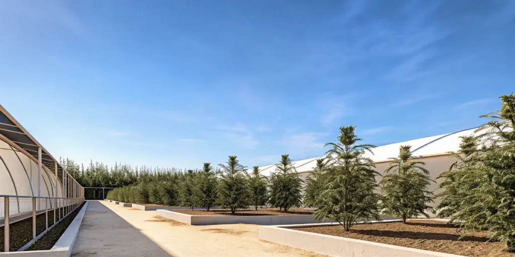 Outdoor cannabis garden with neatly arranged hybrid plants growing under clear skies.