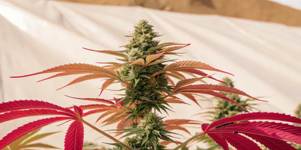 Pamir Gold cannabis plant with red-tinted leaves and dense buds