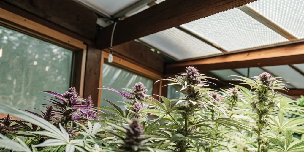 Purple cannabis buds thriving in a wooden-frame greenhouse.
