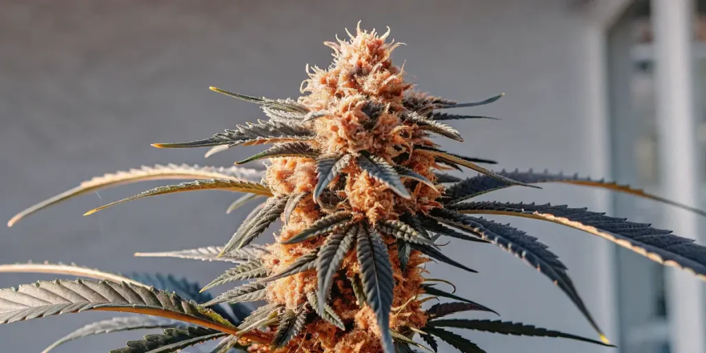 Macro photography of a red cannabis bud with dark leaves