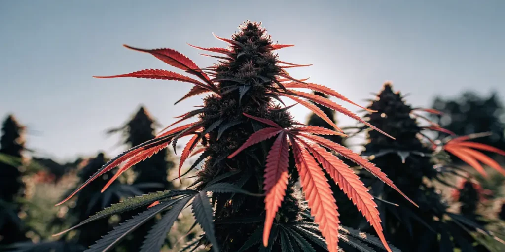 Outdoor cannabis plant with striking red leaves under sunlight.