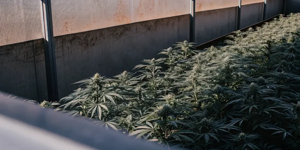 Swiss Dream Rose Auto CBD cannabis plants thriving inside a greenhouse.