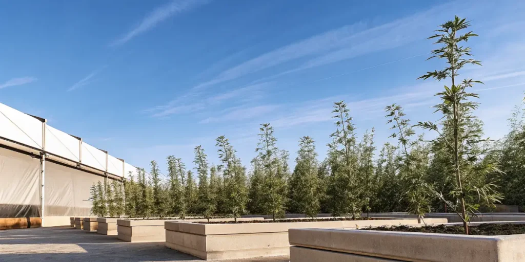 Tall cannabis plants growing in raised outdoor beds with clear blue skies.
