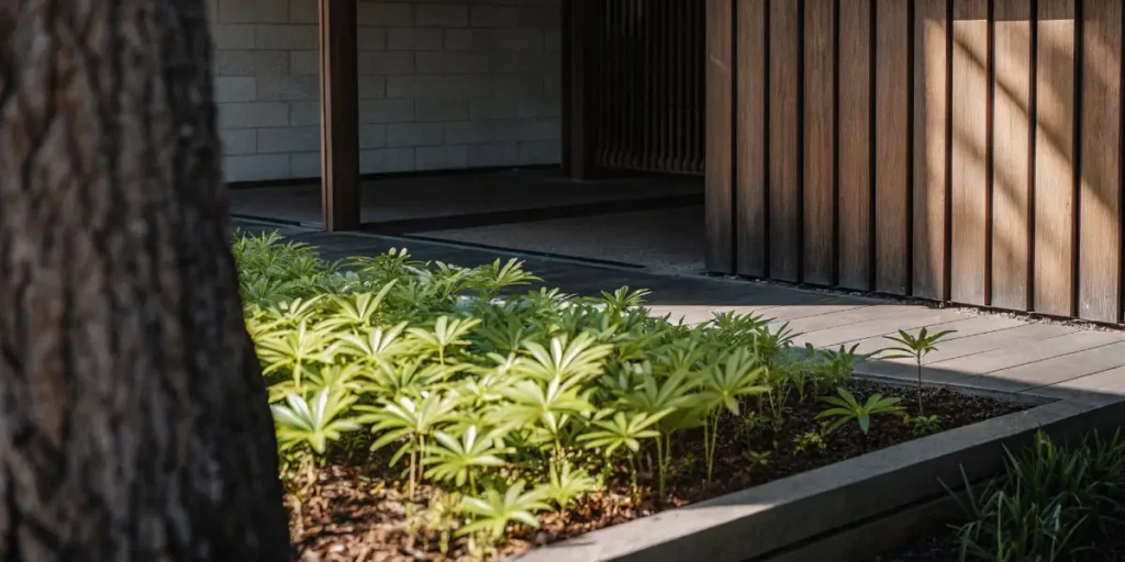 Young Frisian cannabis plants growing in an urban garden bed beside a modern wooden building.