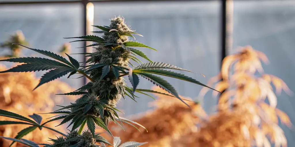 Close-up of an autoflower cannabis plant with dense green buds against a blurred background of golden-orange plants and a bright greenhouse roof.